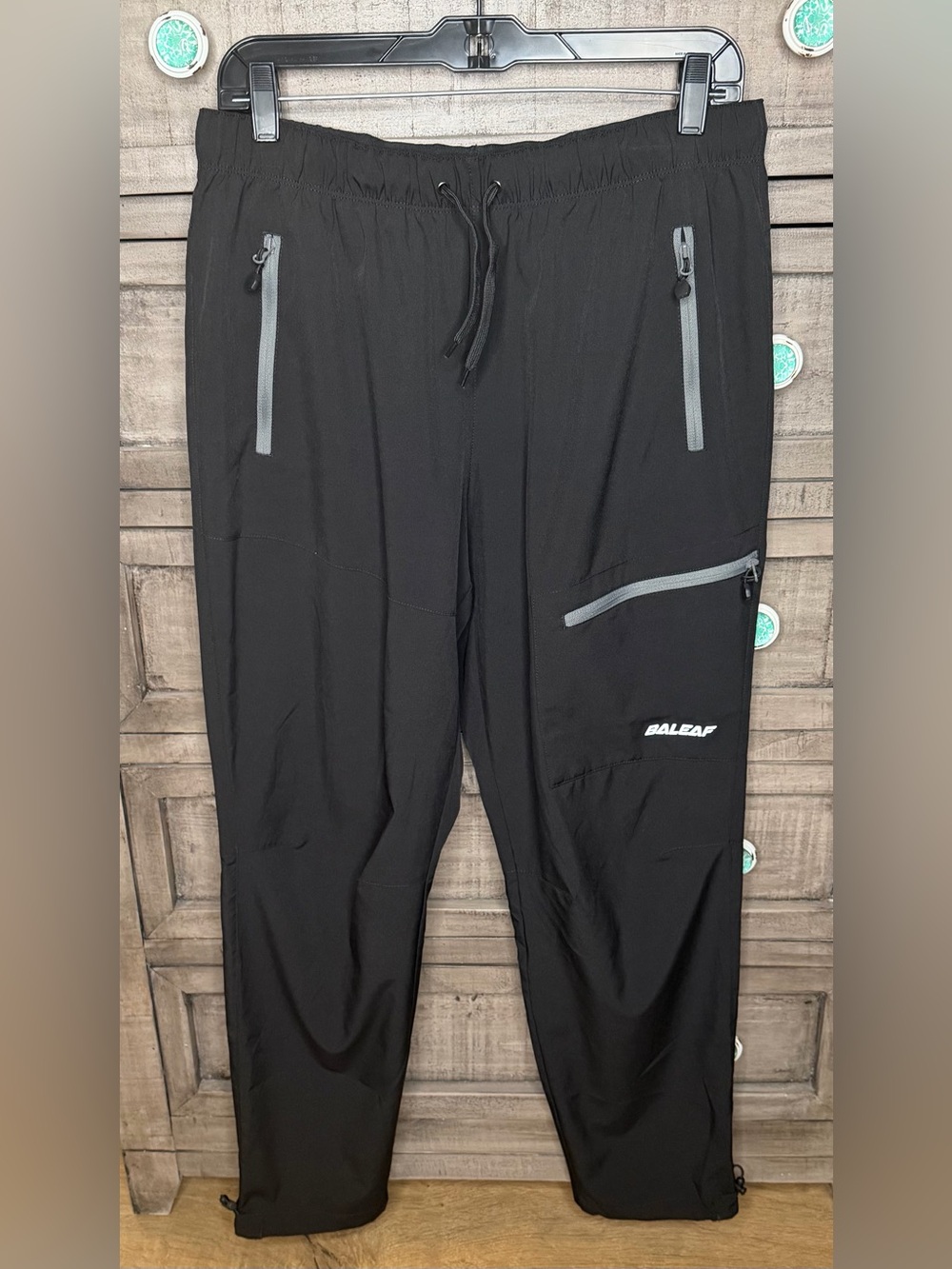 BALEAF Men's Black Track Pants Drawstring Elastic Waist Zip Pockets Reflective L